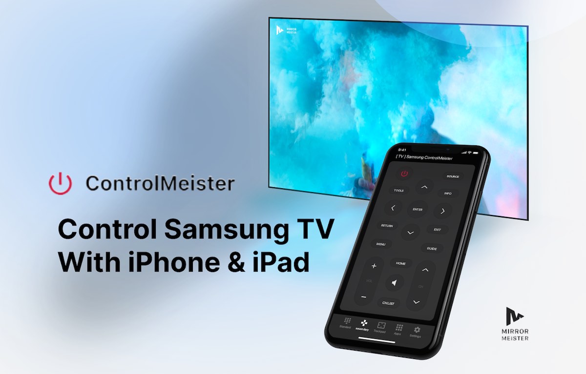 A featured image with a Samsung TV and an iPhone with ControlMeister interface on the screen. The header on the left side of the screen says: "Control Samsung TV With iPhone & iPad" and there's a ControlMeister logo above it. MirrorMeister logo in the top-right corner
