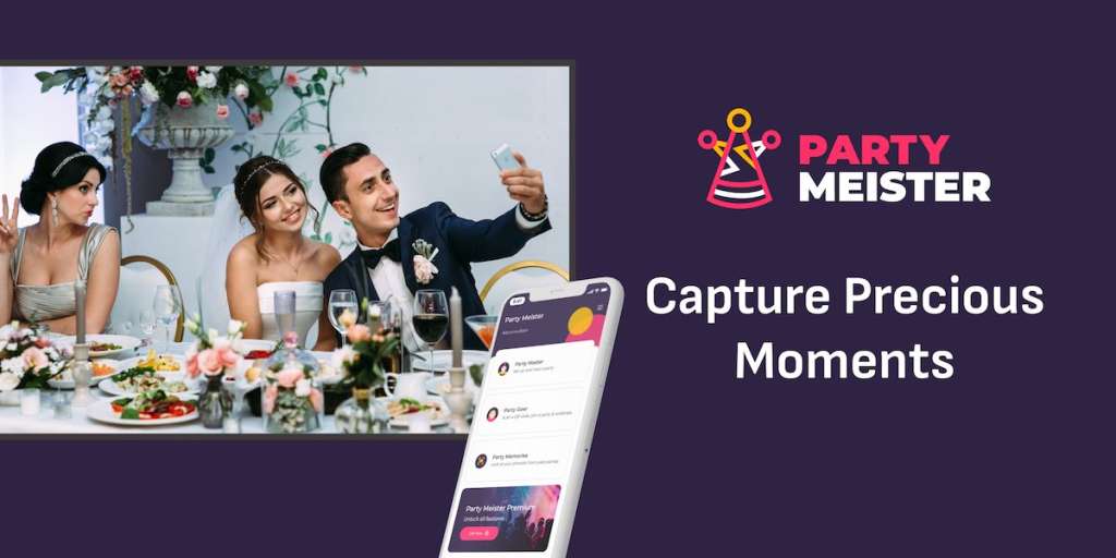 PartyMeister promo banner with wedding guests taking a selfie at a table