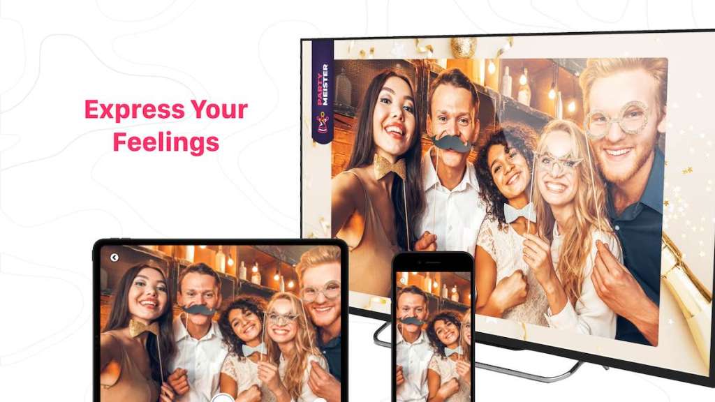 group of friends taking a selfie that is displayed on smartphone, tablet and tv.
