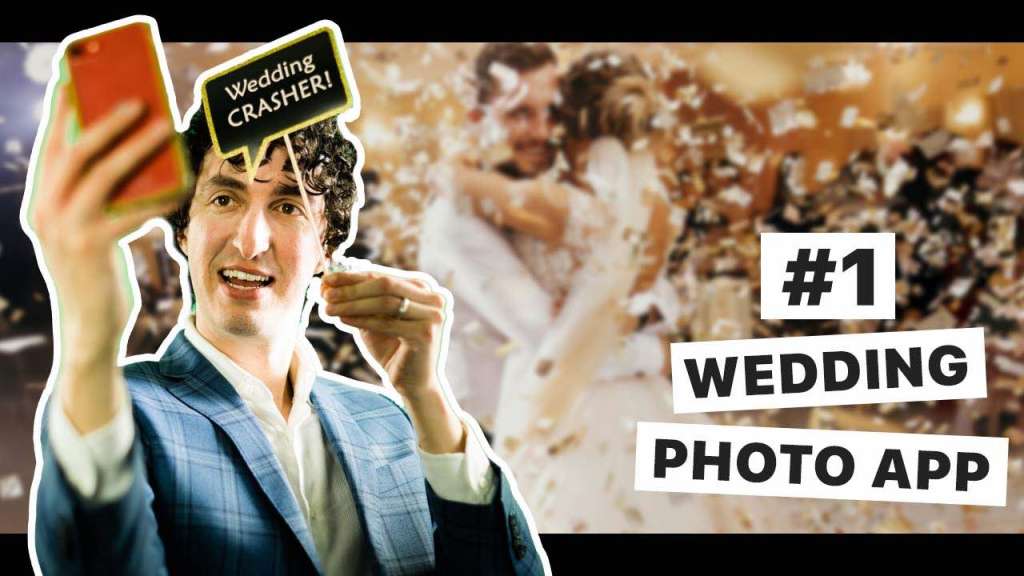 man taking selfie on iPhone with wedding photo app