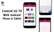Three Android smartphones, each showing a different feature of LG TV Remote App: Keyboard, Mouse Pointer and App Launcher. The header says: Control LG TV With Android Phone & Tablet and there's a MirrorMeister logo