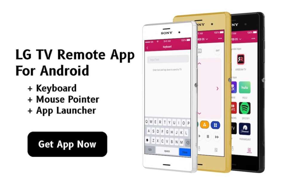 A banner showing functionalities of the LG TV remote app - Mouse Pointer, App Launcher and Keyboard