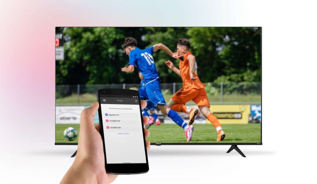 A hand holding a smartphone with the MirrorMeister TV connection screen. A Smart TV with an image of two footballers