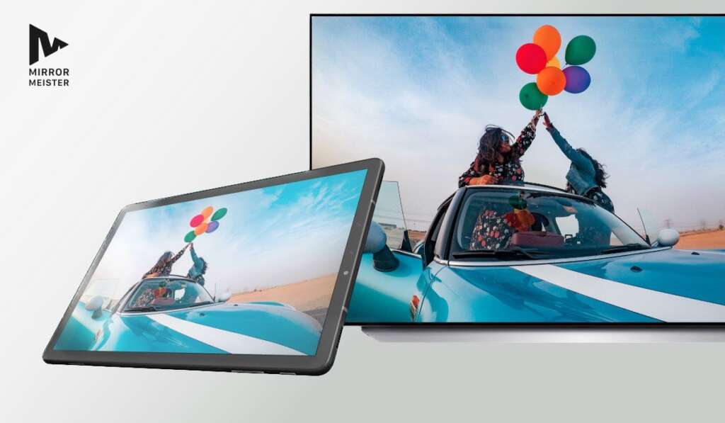 Android tablet casting image of two women holding balloons in a car to LG TV. MirrorMeister logo