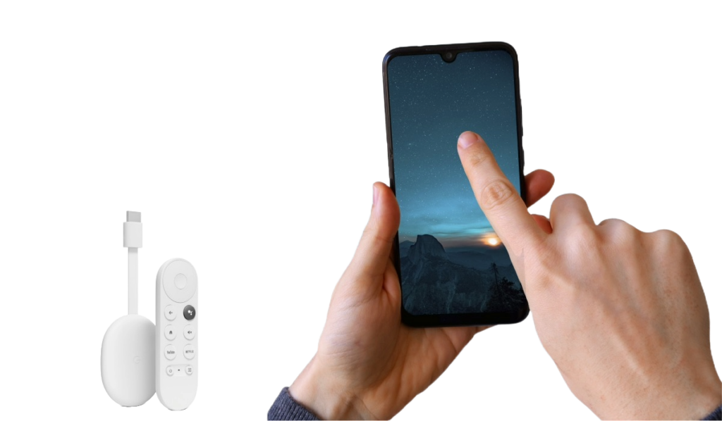 Chromecast device, Chromecast remote and a hand holding a smartphone