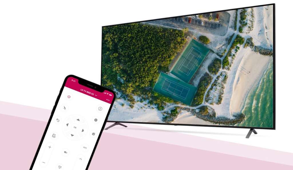 LG TV remote app on iPhone. LG TV with drone shot on screen